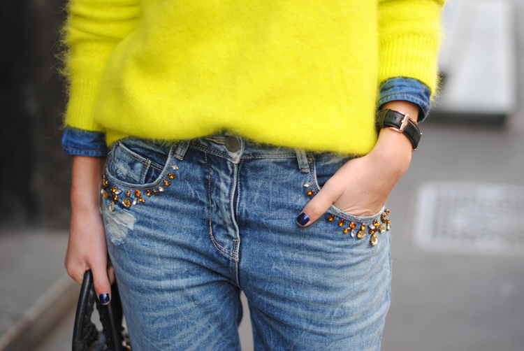 neon cashmere sweater seen on a street style star at fashion week