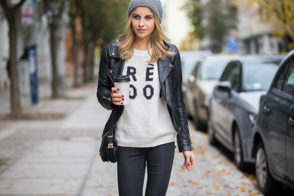 BERLIN, GERMANY - OCTOBER 17: Fashion Blogger Caroline Daur wearing Noisy May pants, Asos sweater, Edited jacket, Sandro bag on October 17, 2015 in Berlin, Germany. (Photo by Christian Vierig/Getty Images)