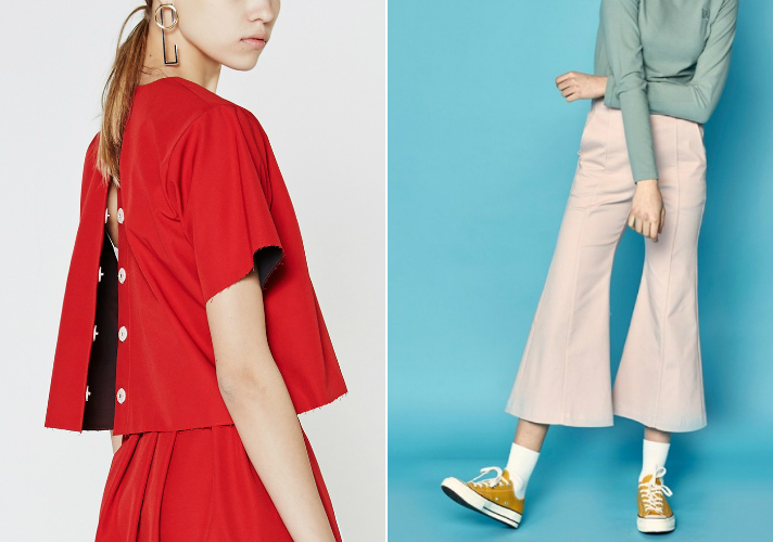 Recto Back Button Crop Top, $169; at W Concept/Another A Flared Pintuck Pants, $118; at W Concept