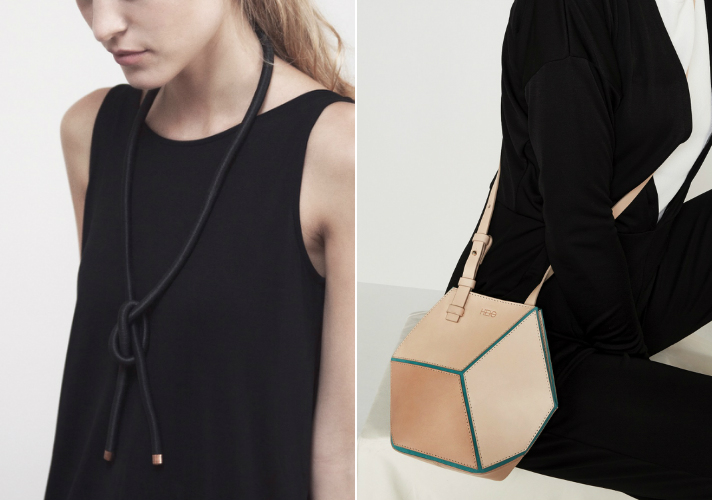 Eleanor Amoroso Single Knot Necklace, $158; at Wolf & Badger/Heio The Cube Turqueta Bag, $660; at Wolf & Badger