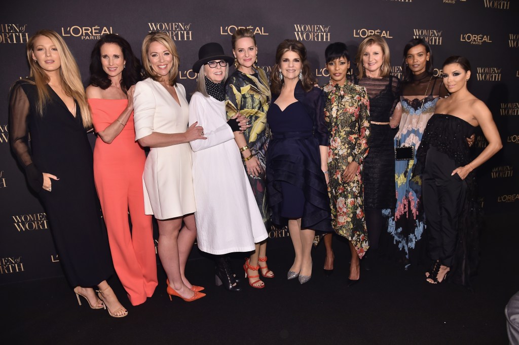 NEW YORK, NY - NOVEMBER 16: Blake Lively, Andie MacDowell, Brooke Baldwin, Diane Keaton, Aimee Mullins, Karen T. Fondu, Tamron Hall, Arianna Huffington, Liya Kebede and Eva Longoria attends the L'Oreal Paris Women of Worth Celebration 2016 Arrivals on November 16, 2016 in New York City. (Photo by Michael Loccisano/Getty Images for L'Oreal)