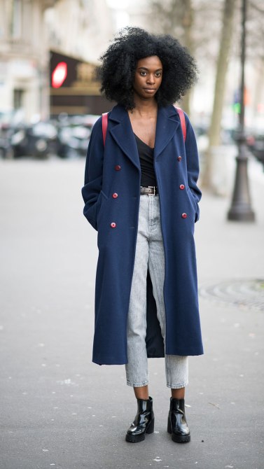 STYLECASTER | How to Wear Clashing Colors | Navy Long Peat Coat and Washed Out Jeans
