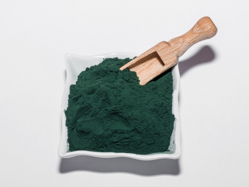 Close-Up Of Spirulina Bacterium With Serving Scoop In Bowl Over White Background