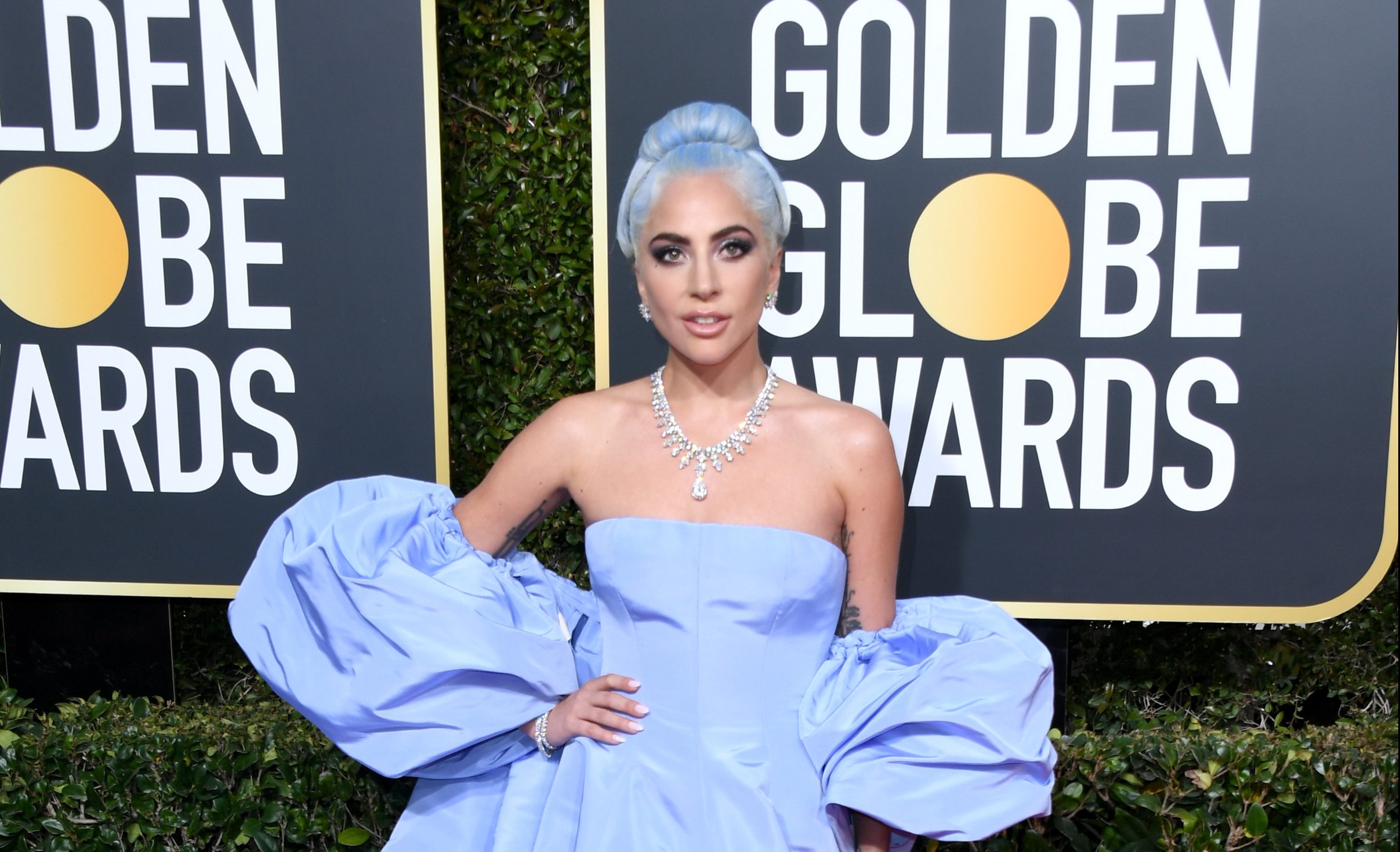 Lady Gaga's 2019 Golden Globes Dress Matched Her Ice Blue Hair