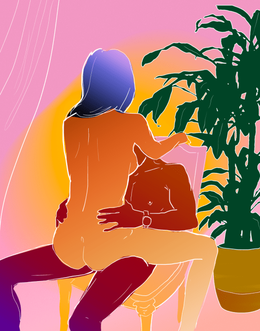 A drawing of a couple trying a sitting straddle sex position