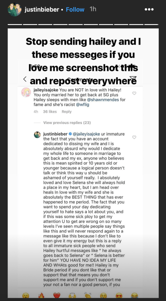 Justin bieber Hailey baldwin selena gomez instagram story