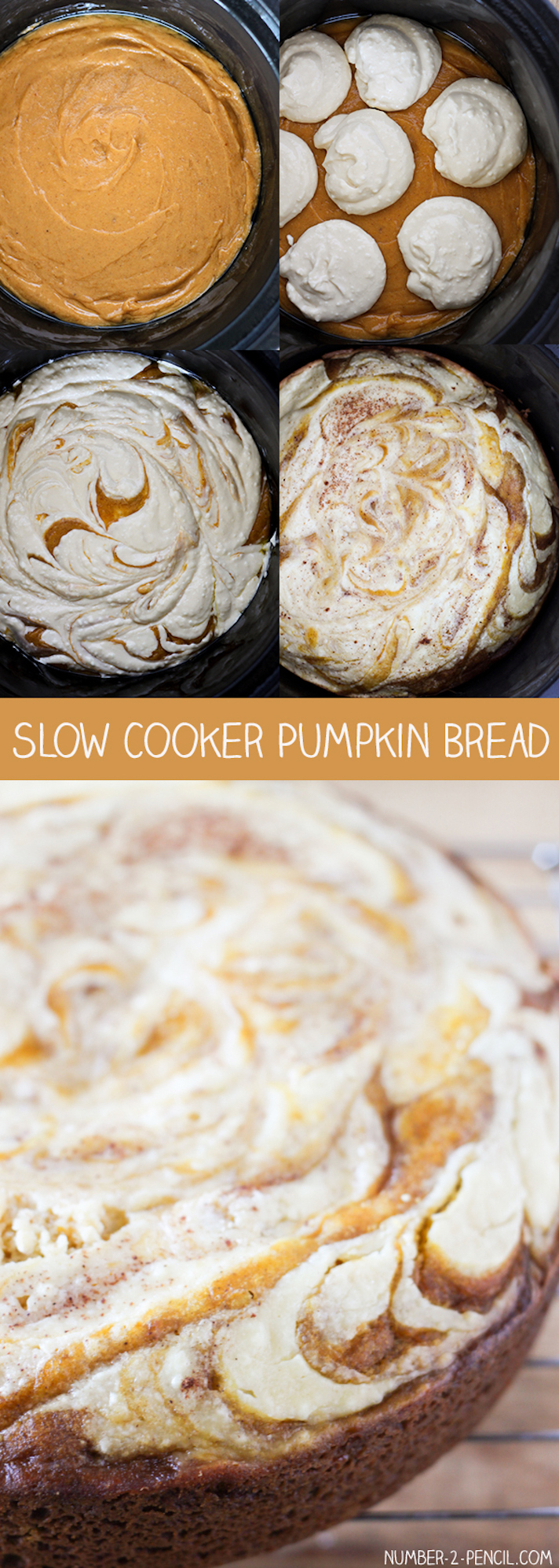 STYLECASTER | 17 Slow-Cooker Breads That Honestly Kind of Blow My Mind | Pumpkin Bread with Cream Cheese Swirl