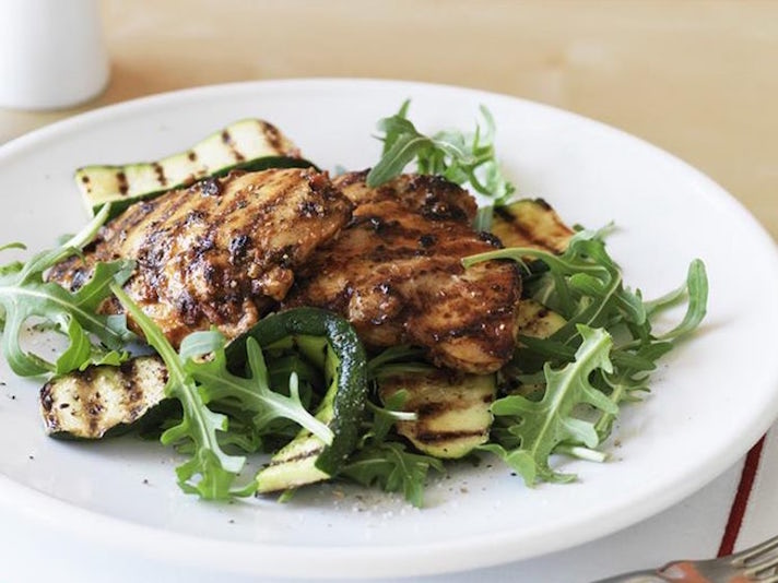 STYLECASTER | 17 High-Protein Summer Dinners With 5 Ingredients or Less | Pesto Chicken With Grilled Zucchini