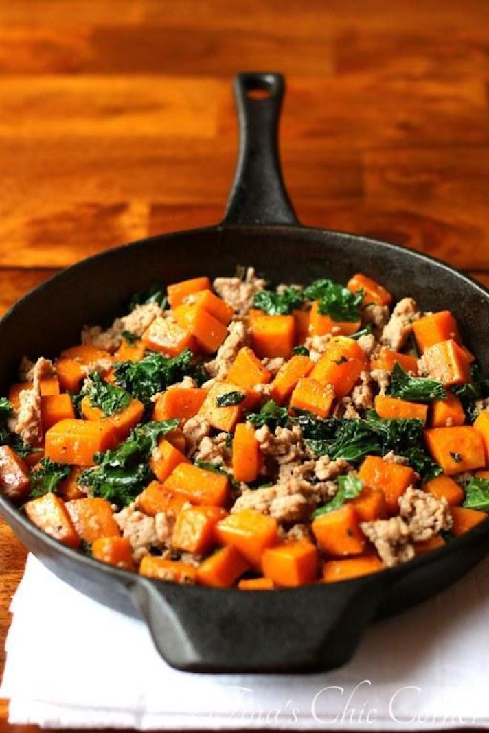 STYLECASTER | 17 Winter Vegetable Recipes That Will Make You Feel Great | Butternut, Sausage, and Kale Skillet