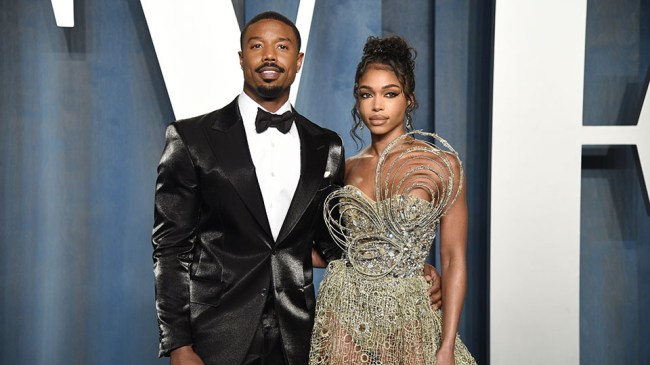 Michael B. Jordan, left, and Lori Harvey arrive at the Vanity Fair Oscar Party on Sunday, March 27, 2022, at the Wallis Annenberg Center for the Performing Arts in Beverly Hills, Calif.