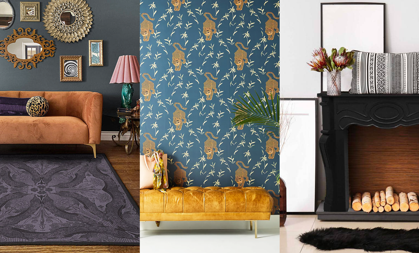 Three maximalist living room photos spliced together