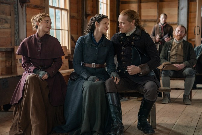 Sophie Skelton, Caitríona Balfe and Sam Heughan