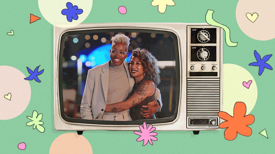 Animated graphic of an old-fashioned TV with Ru Paul's Drag Race, Euphoria, The Ultimatum: Queer Love, and Sex Education