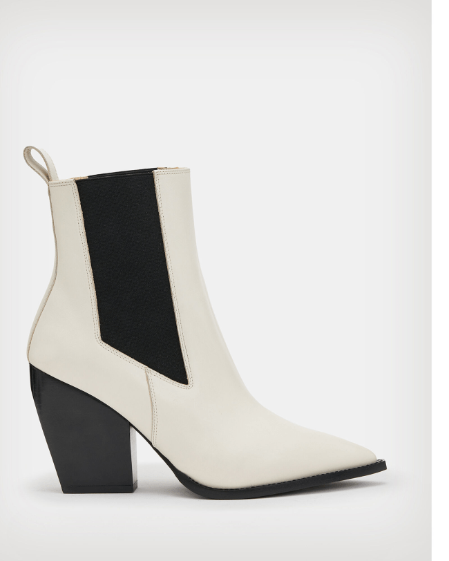 AllSaints Ria Pointed Leather Heeled Boots in Stone White