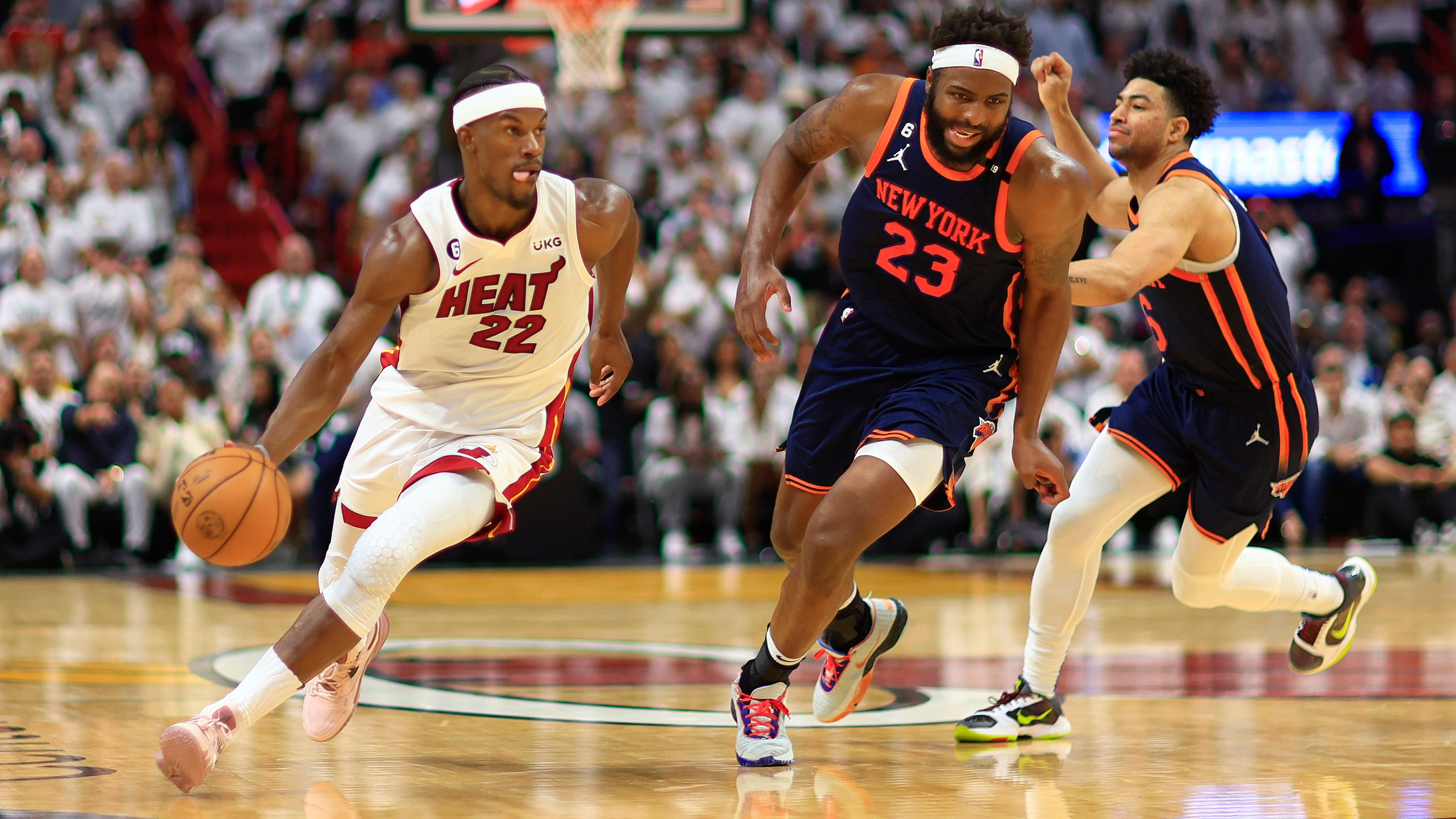 MIAMI, FLORIDA - MAY 12: Jimmy Butler #22 of the Miami Heat looks to pass during game six of the Eastern Conference Semifinals in the 2023 NBA Playoffs against the New York Knicks at Kaseya Center on May 12, 2023 in Miami, Florida. (Photo by Mike Ehrmann/Getty Images)