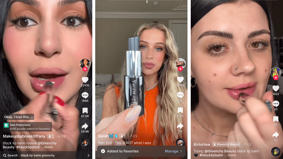 Three different TikTokers trying on the Givenchy Black Magic Lip Balm