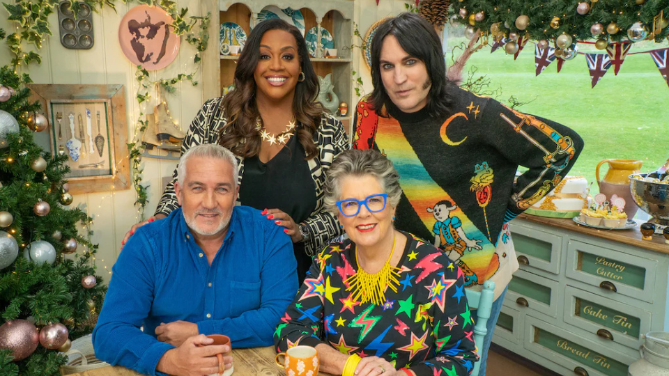 Alison Hammond, Noel Fielding, Paul Hollywood and Prue Leith in The Great Christmas Bakeoff.
