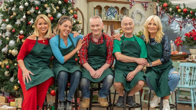 Terry Christian, Miquita Oliver, Tony Robinson, Gaby Roslin, and Claire Sweeney on the 2022 Great Christmas Bake Off on Channel 4.