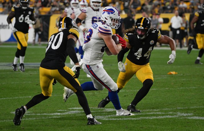 Jace Sternberger #83, Chris Wilcox #30 and Tanner Muse #44 at the Steelers Vs. Bills game in August 2023.