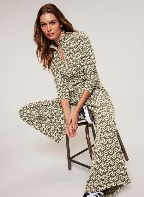Mint Velvet Khaki Jacquard Wide Trousers