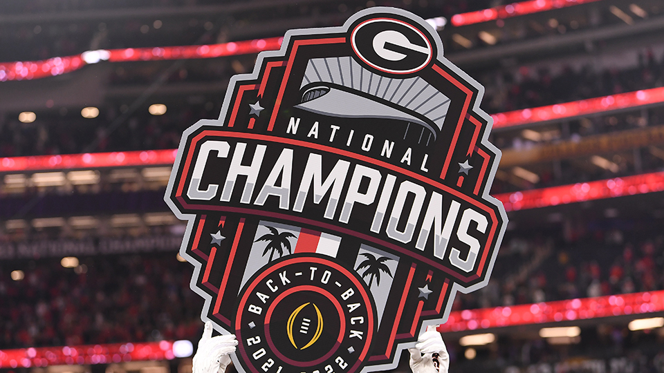 INGLEWOOD, CA - JANUARY 09: A player holds up a sign after Georgia Bulldogs wins their game versus the TCU Horned Frogs in the College Football Playoff National Championship game on January 9, 2023, at SoFi Stadium in Inglewood, CA. (Photo by Brian Rothmuller/Icon Sportswire via Getty Images)