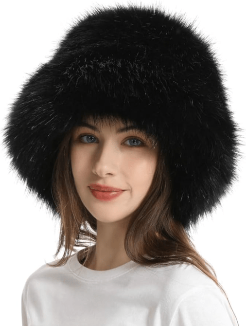 A model wearing a black fuzzy bucket hat from Amazon
