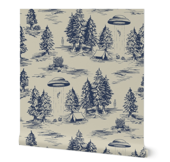 Large-Scale Alien Abduction Toile De Jouy Pattern in Blue Wallpaper