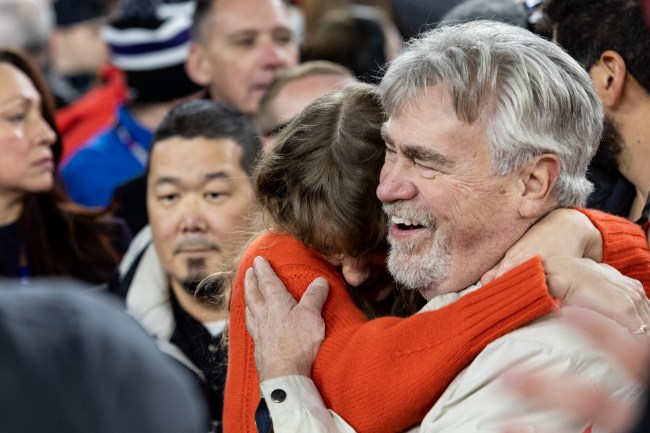 Taylor Swift hugging Ed Kelce after the AFC Championships.