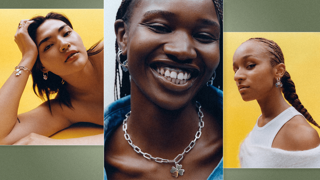 Three models from the Mejuri x Ganni capsule collection campaign wear the friendship jewelry