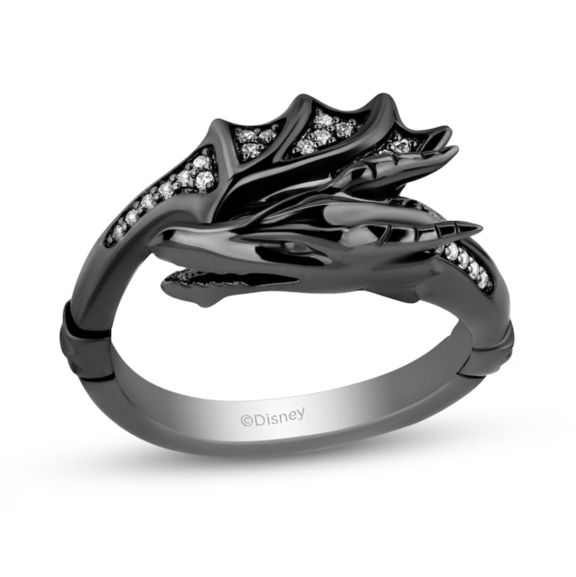 A charcoal-toned silver dragon ring lined with small diamonds from Zales