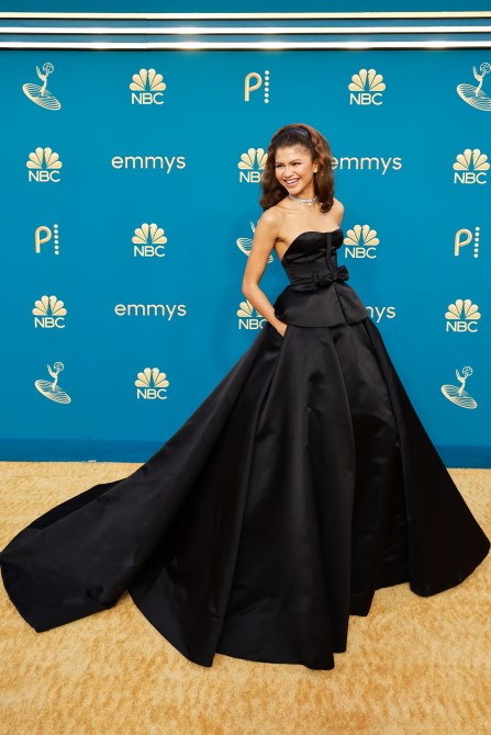 Zendaya in a black ball gown on the 2022 Emmy Awards red carpet