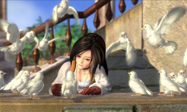 screenshot of Final Fantasy IX showing character Garnet Til Alexandros XVII sitting with pigeons
