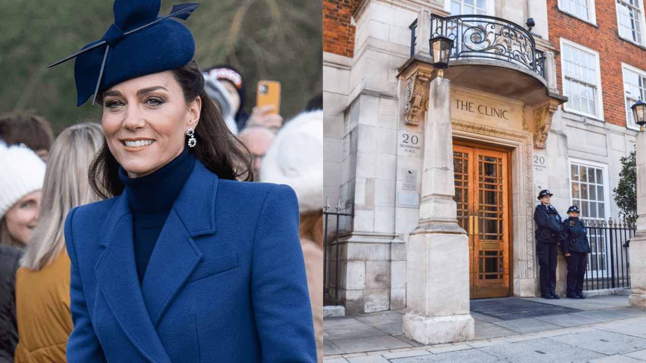 There’s Been An Unexpected Twist In The Breach Of Kate Middleton’s Medical Records. Photo of Kate Middleton wearing a blue dress, next to a photo of the London Clinic hospital with two police officers standing outside.