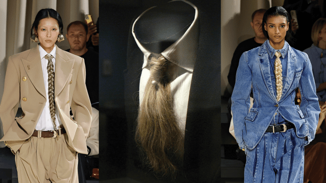 A model wearing a neck tie made of blonde braided hair, artwork by Mimi Parent of a neck tie made of hair, a model wearing a neck tie made of blonde braided hair.