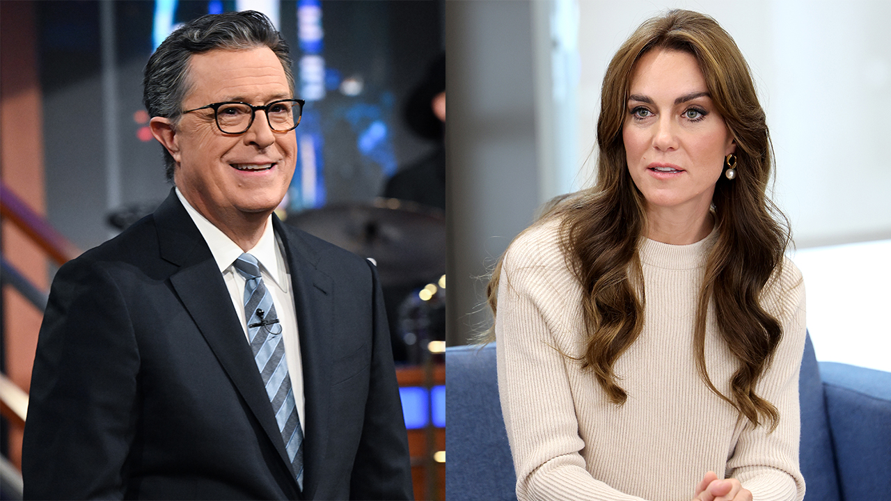 Stephen Colbert, a white man with black hair and glasses wearing a suit. Kate Middleton a white woman with brown hair wearing a beige dress.