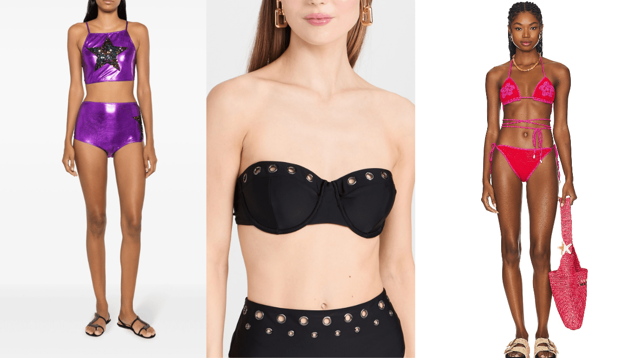 Three models wearing trendy bathing suits