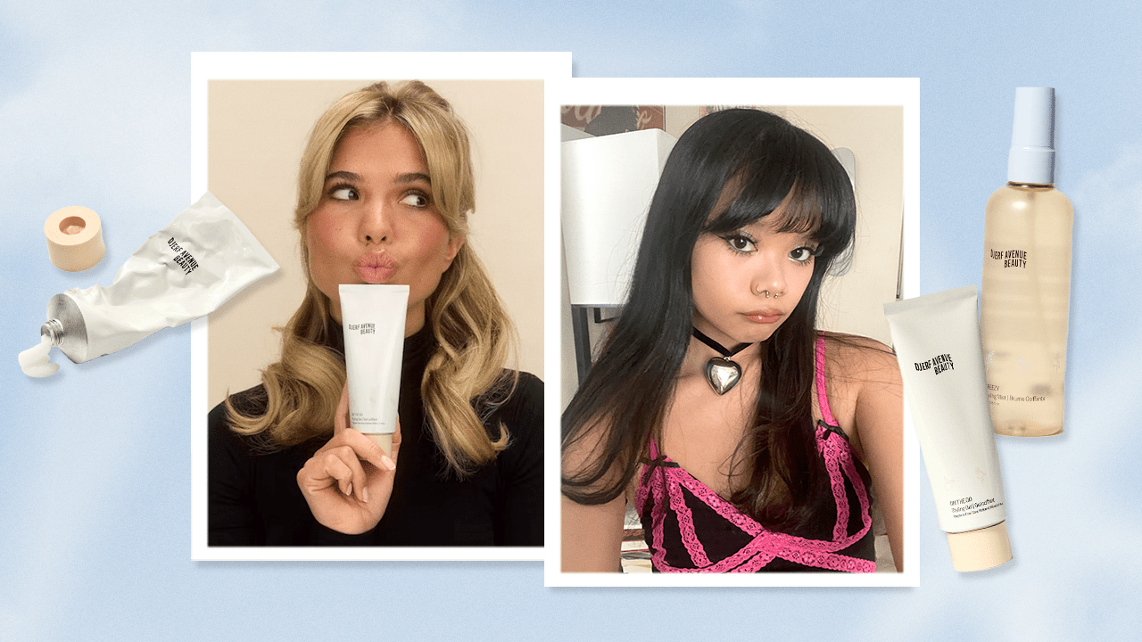 Djerf Avenue founder Matilda Djerf and beauty writer Kleigh Balugo wearing Djerf Avenue Beauty products.