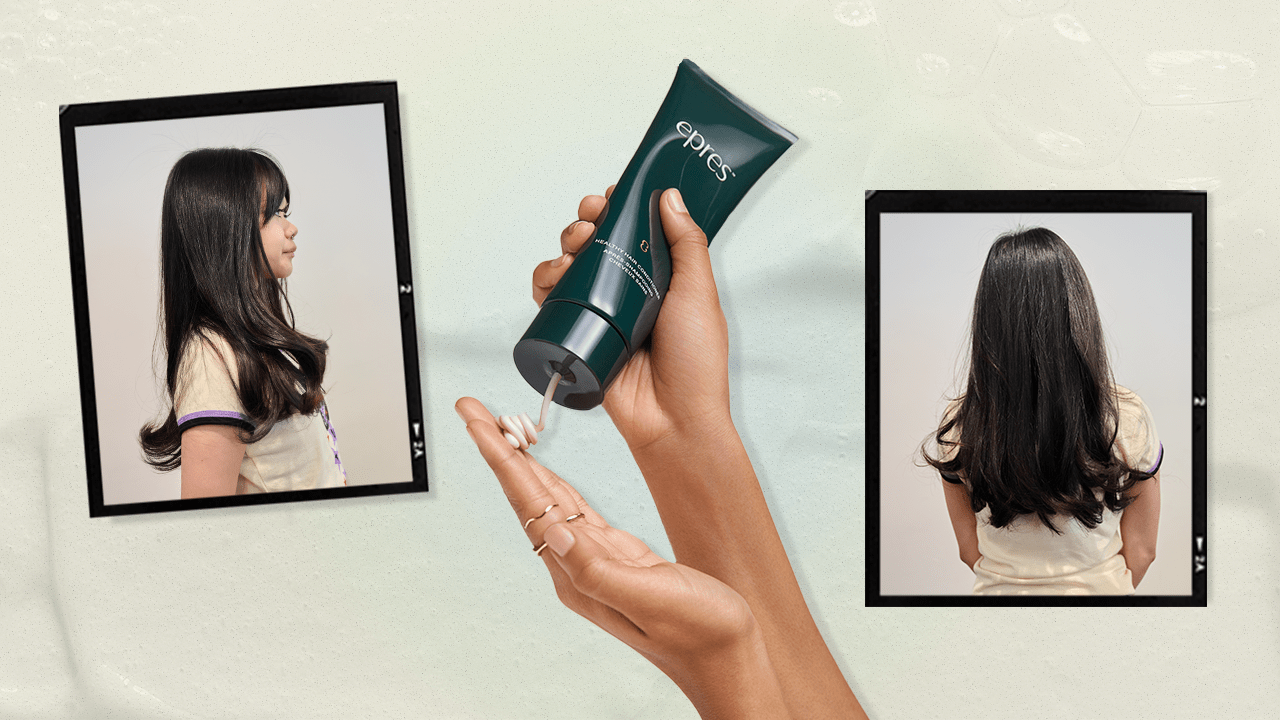 Beauty writer photo results after using Epres' Healthy Hair Shampoo & Conditioner. Next to the Healthy Hair Conditioner being squeezed out.