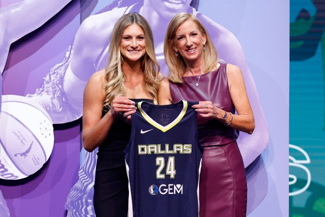 NEW YORK, NEW YORK - APRIL 15: Jacy Sheldon poses with WNBA Commissioner Cathy Engelbert after being selected fifth overall pick by the Dallas Wings during the 2024 WNBA Draft at Brooklyn Academy of Music on April 15, 2024 in New York City.