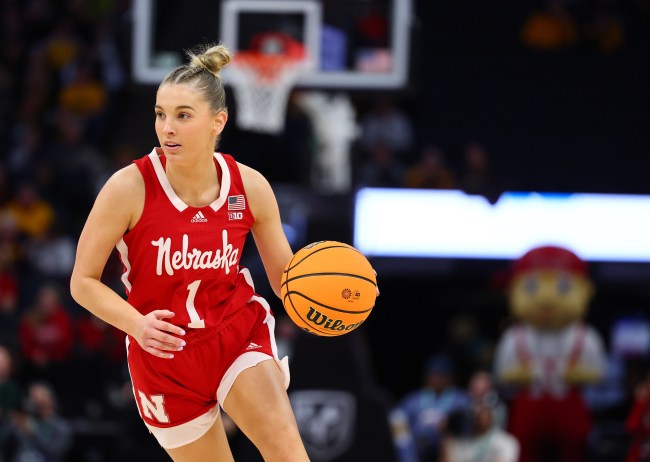 Jaz Shelley #1 of the Nebraska Cornhuskers dribbles the ball agains the Michigan State Spartans in the Quarterfinal Round of the Big Ten Tournament at Target Center on March 08, 2024 in Minneapolis, Minnesota.