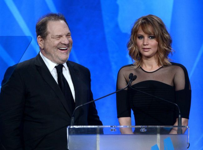Producer Harvey Weinstein (L) and actress Jennifer Lawrence speak onstage during the  24th Annual GLAAD Media Awards at JW Marriott Los Angeles at L.A. LIVE on April 20, 2013 in Los Angeles, California.