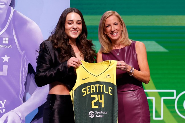 NEW YORK, NEW YORK - APRIL 15: Nika Muhl poses with WNBA Commissioner Cathy Engelbert after being selected 14th overall pick by the Seattle Storm during the 2024 WNBA Draft at Brooklyn Academy of Music on April 15, 2024 in New York City.