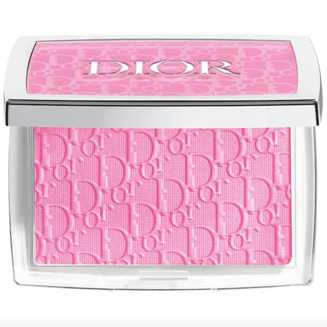 The Dior Rosy Glow Blush, a bright pink powder plush with the Dior monogram imprinted in it.