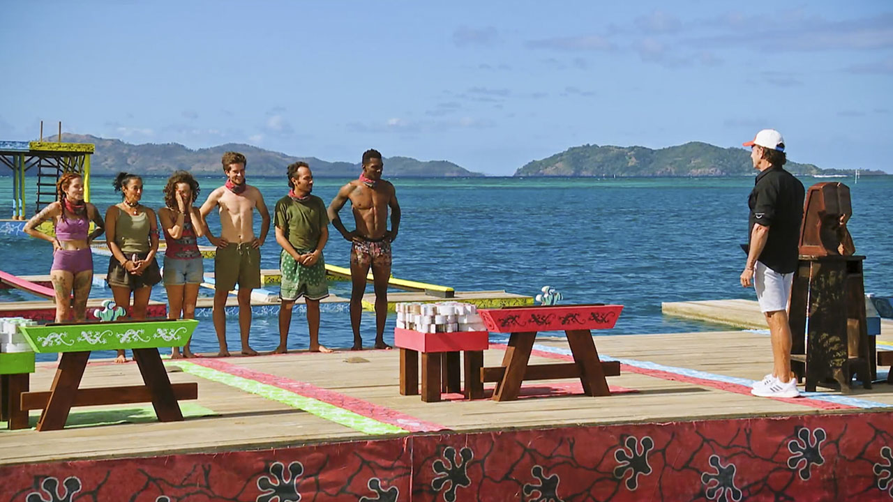 “Mamma Bear” – In one of the most emotional reward challenges of the season, castaways fight for their chance to win letters from home. Alliances begin to crumble and individual plans emerge after players compete in a race of balance, speed and puzzle skills to earn immunity and a spot in the final five, on SURVIVOR, Wednesday, May 15 (8:00-9:30 PM, ET/PT) on the CBS Television Network, and streaming on Paramount+ (live and on-demand for Paramount+ with SHOWTIME subscribers, or on-demand for Paramount+ Essential subscribers the day after the episode airs)*. Jeff Probst serves as host and executive producer.  Pictured (L-R): Kenzie Veurink, Maria Gonzalez, Liz Wilcox, Charlie Davis, Ben Katzman and Q Burdette.