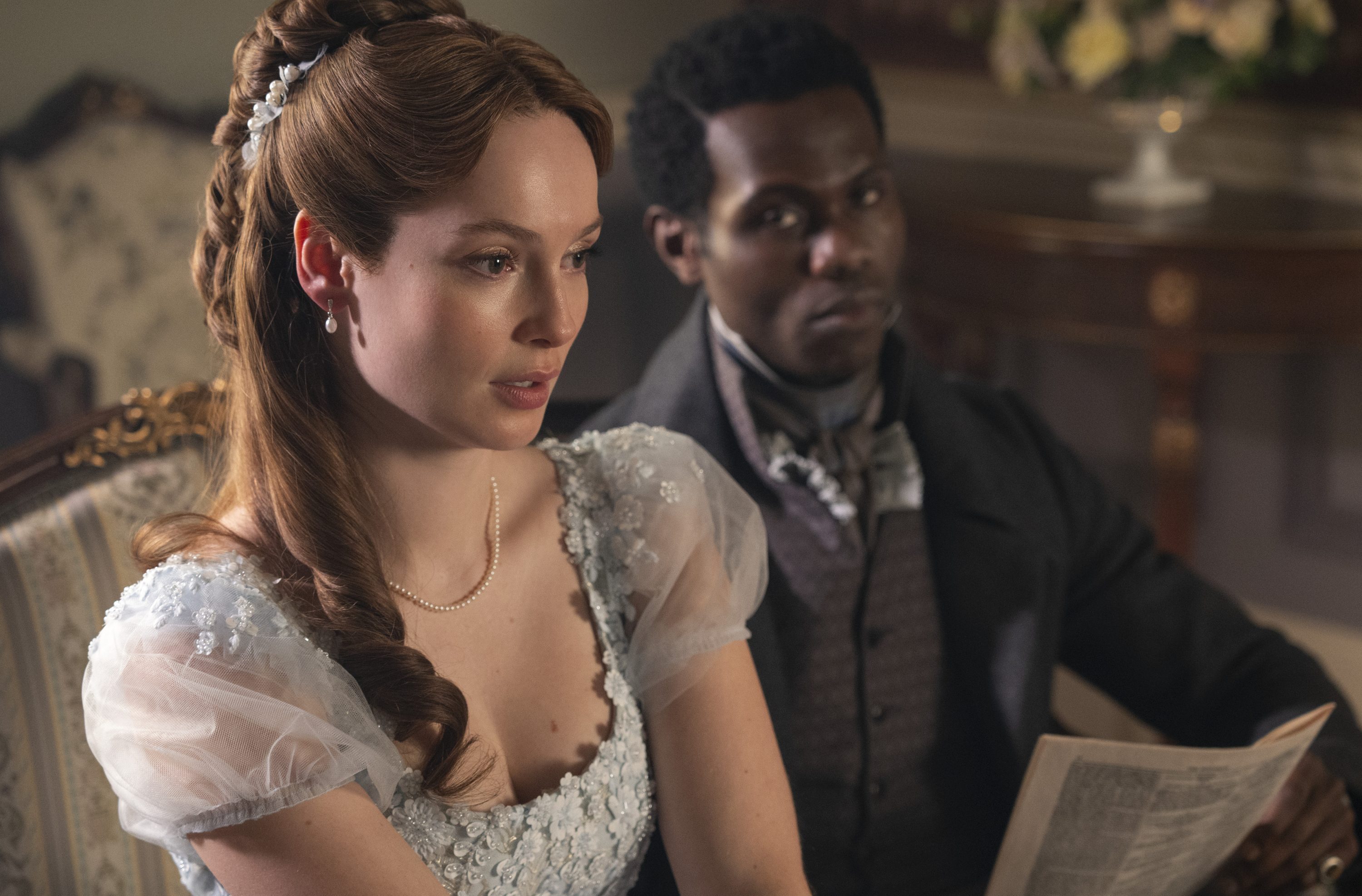 Bridgerton. (L to R) Hannah Dodd as Francesca Bridgerton, Victor Alli as John Stirling in episode 404 of Bridgerton.