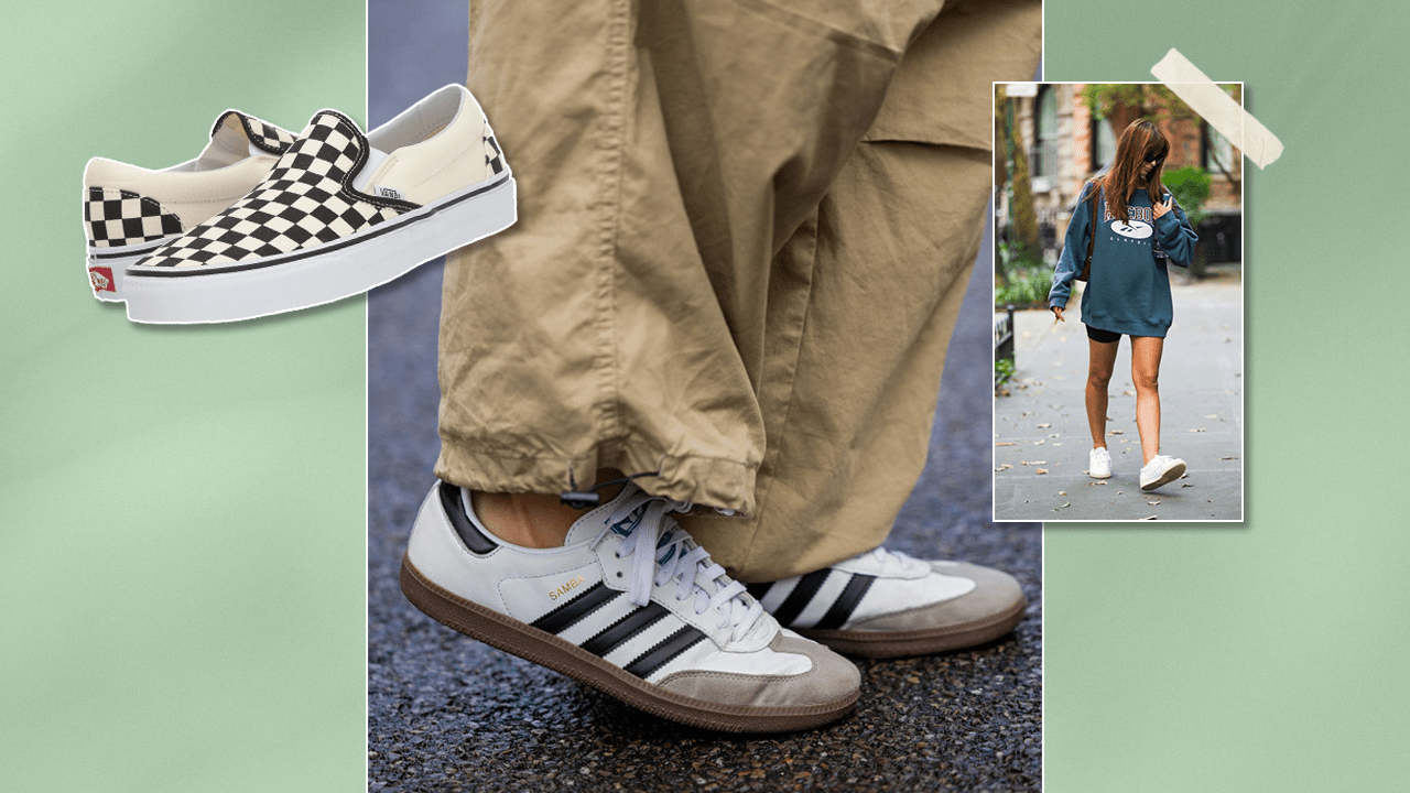 Left: Cream and black checkered Vans Slip-On Sneakers; Middle: White Adidas Samba Sneakers street style close up; Right: Emily Ratajkowski walking in white Reebok Club C Sneakers.