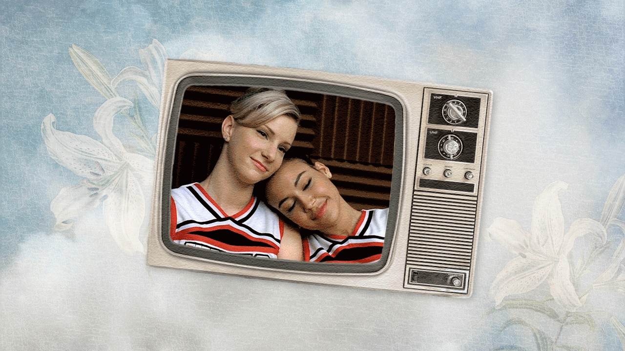 Gay Awakenings: A TV Screen with pictures of I Kissed A Girl by Katy Perry, a still from Glee, and a picture of Lady Gaga