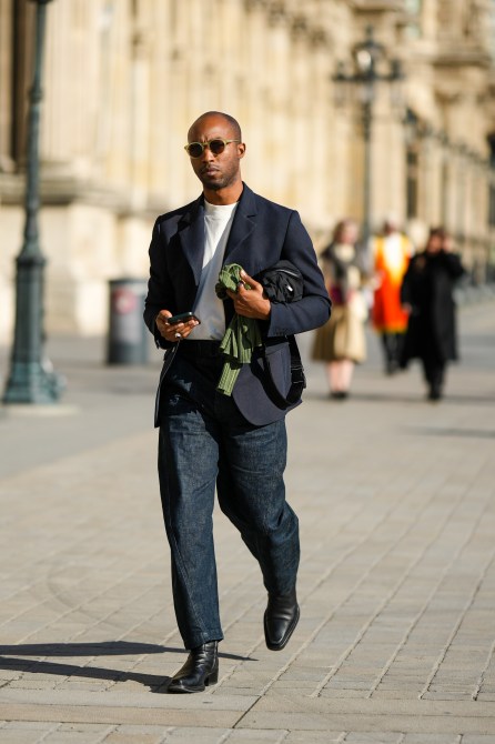 STYLECASTER | Men's outfit, blazer, white T-shirt, jeans.