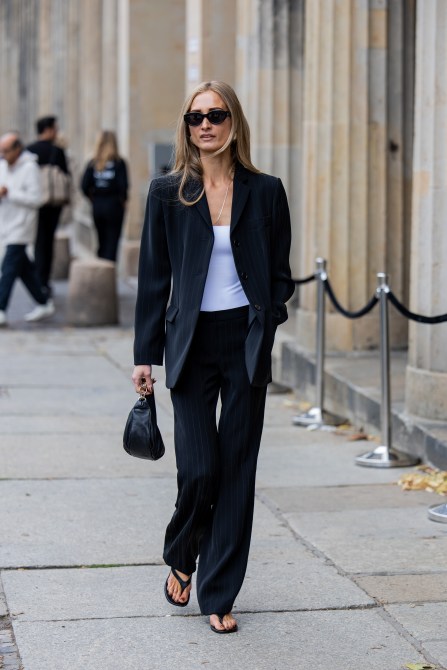 STYLECASTER | White T-shirt, balzer and slacks women's outfit