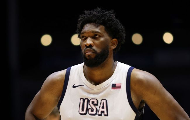 Joel Embiid of The United States looks on during the 2024 USA Basketball Showcase match between USA and Germany at The O2 Arena on July 22, 2024 in London, England.